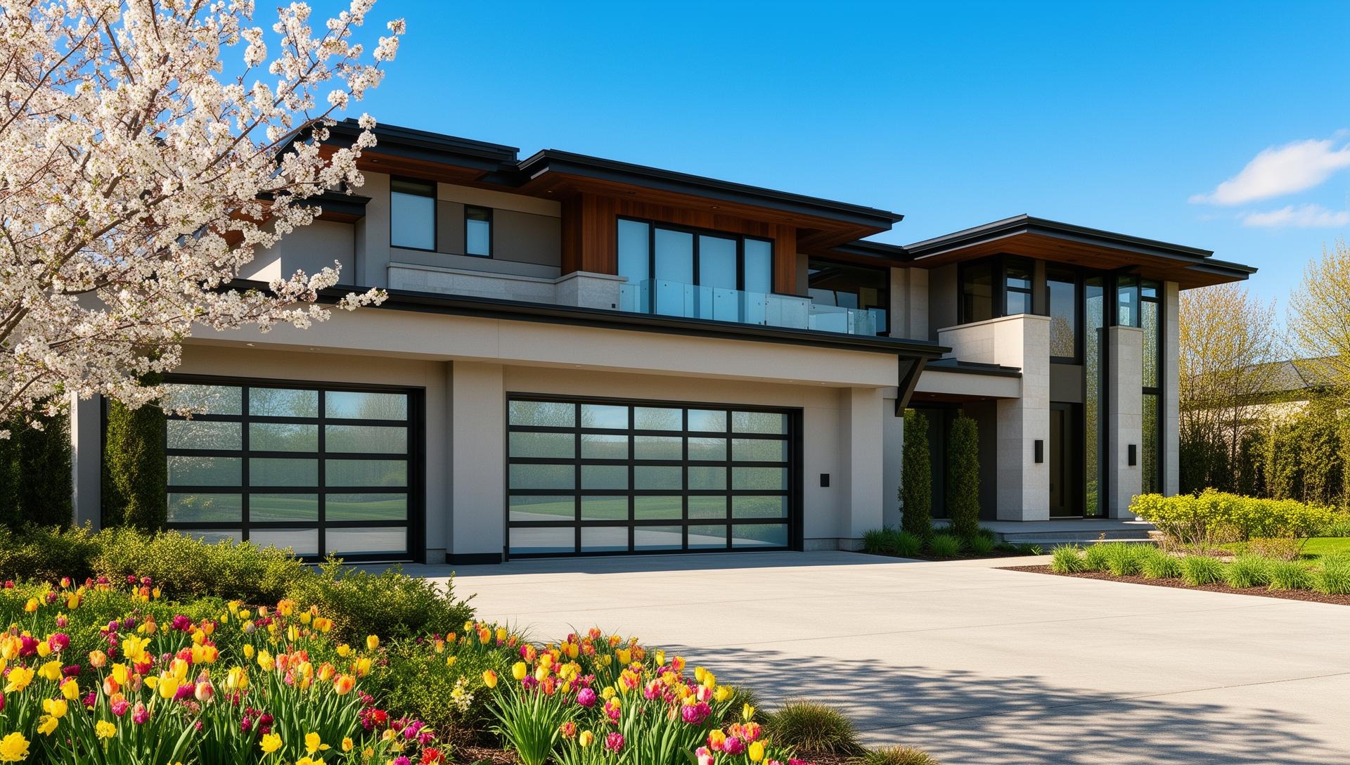 Modern contemporary home with aluminum glass garage doors in Voluntown CT